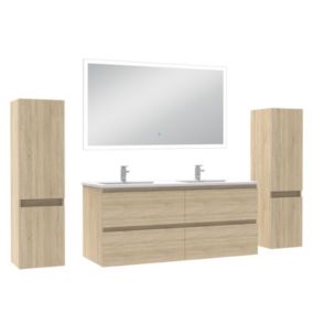 Ensemble meuble Salle de Bain 120cm avec colonne et miroir lumineux dimmable chêne wotan