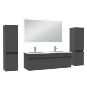 Ensemble meuble Salle de Bain 120cm avec colonne et miroir lumineux dimmable mural anthracite