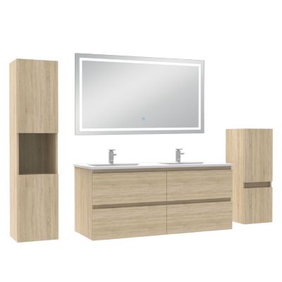 Ensemble meuble salle de Bain 120cm avec colonne et miroir mural lumineux 3 couleurs Chêne Wotan