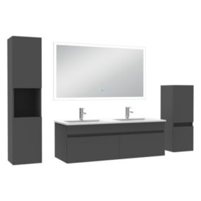 Ensemble meuble Salle de Bain 120cm avec double vasque + colonne + miroir lumineux dimmable anthracite