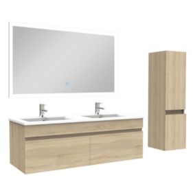 Ensemble meuble Salle de Bain 120cm avec vasque + colonne + miroir lumineux 3 couleurs chêne wotan