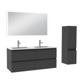 Ensemble meuble Salle de Bain 120cm avec vasque et colonne et miroir lumineux 3 couleurs anthracite