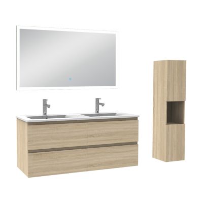 Ensemble meuble Salle de Bain 120cm avec vasque et colonne et miroir lumineux dimmable chêne wotan