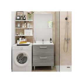 Ensemble meuble salle de bain 60 cm Gris + vasque + miroir - OLTEN