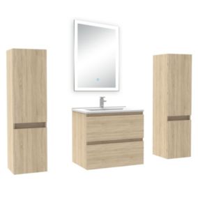 Ensemble meuble Salle de Bain 60cm avec colonne et miroir lumineux dimmable chêne wotan