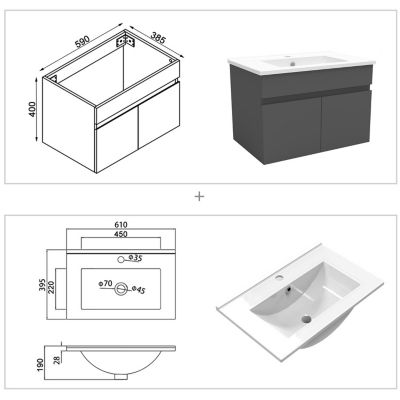 Ensemble meuble Salle de Bain 60cm avec colonne + miroir lumineux 3 couleurs Anthracite