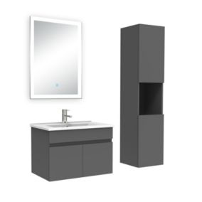 Ensemble meuble Salle de Bain 60cm avec vasque + colonne + miroir lumineux dimmable anthracite