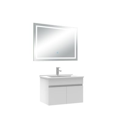 Ensemble meuble Salle de Bain 60cm Blanc simple vasque + miroir lumineux 3 couleurs + dimmable
