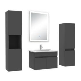 Ensemble meuble Salle de Bain 60cm simple vasque avec colonne + miroir lumineux dimmable anthracite