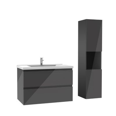 Ensemble meuble salle de bain 80 cm anthracite brillant avec 2 tiroirs, lavabo céramique simple + colonne haute, suspendu