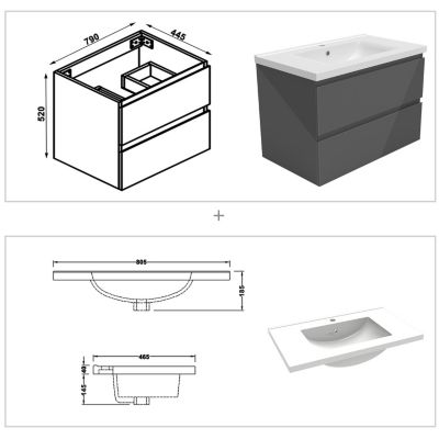 Ensemble meuble salle de bain 80 cm anthracite brillant avec 2 tiroirs, lavabo céramique simple + colonne haute, suspendu