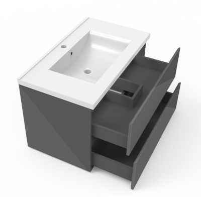 Ensemble meuble salle de bain 80 cm anthracite brillant avec 2 tiroirs, lavabo céramique simple + colonne haute, suspendu
