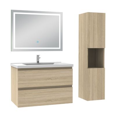 Ensemble meuble salle de Bain 80cm avec colonne et miroir 3 couleurs Chêne Wotan