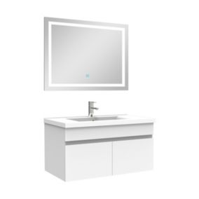Ensemble meuble Salle de Bain 80cm Blanc simple vasque + miroir lumineux 3 couleurs + dimmable