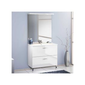 Ensemble meuble salle de bain 90 cm Blanc + vasque + miroir - OLTEN