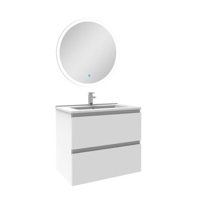 Ensemble meuble Salle de Bain Blanc 60cm simple vasque + miroir lumineux rond