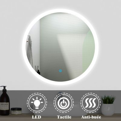 Ensemble meuble Salle de Bain Blanc 60cm simple vasque + miroir lumineux rond