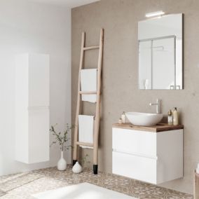 Ensemble meuble salle de bain CITY blanc & plan chêne naturel L. 60 cm + miroir + colonne murale - Saniverre