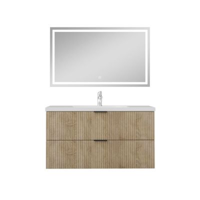 Ensemble Meuble Salle de Bain Suspendu 100cm Avec Miroir LED, 2 Tiroirs à Fermeture Douce, Simple Vasque, Design Fluted Chêne