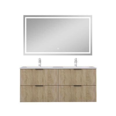 Ensemble Meuble Salle de Bain Suspendu 120cm Avec Miroir LED, 4 Tiroirs à Fermeture Douce, Double Vasque, Design Fluted Chêne