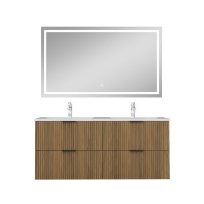 Ensemble Meuble Salle de Bain Suspendu 120cm Avec Miroir LED, 4 Tiroirs à Fermeture Douce, Double Vasque, Design Fluted Noyer