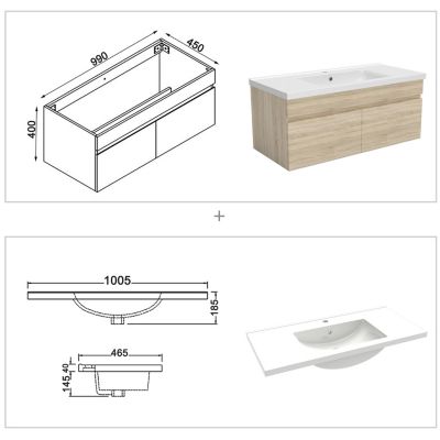 Ensemble meuble salle de bain + vasque + miroir lumineux + colonne 100cm Chêne Wotan