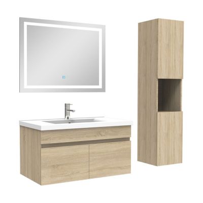 Ensemble meuble salle de bain + vasque + miroir lumineux + colonne 80cm Chêne Wotan