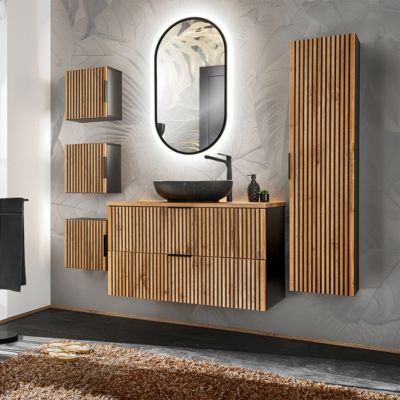 Ensemble meuble simple vasque 100cm miroir LED colonne et 3 armoires murales Gaia Bois et Noir - Vasque Noir