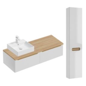 Ensemble meuble simple vasque 120cm 2 tiroirs et colonne Livia Blanc et Bois