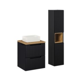 Ensemble meuble simple vasque 50cm 2 tiroirs et colonne Riva Noir et Bois