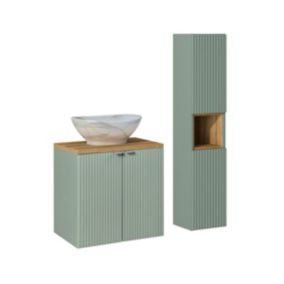 Ensemble meuble simple vasque 60cm 2 portes et colonne Jade Vert et Bois