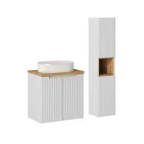 Ensemble meuble simple vasque 60cm 2 portes et colonne Riva Blanc et Bois