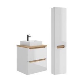 Ensemble meuble simple vasque 60cm 2 tiroirs et colonne Livia Blanc et Bois