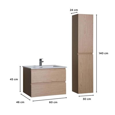 Ensemble meuble simple vasque 60cm avec vasque et colonne SORRENTO Décor chêne