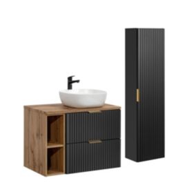 Ensemble meuble simple vasque 80cm 2 niches et colonne Adriel Noir et Bois