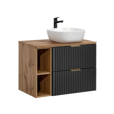 Ensemble meuble simple vasque 80cm 2 niches et colonne Adriel Noir et Bois