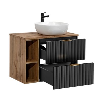 Ensemble meuble simple vasque 80cm 2 niches et colonne Adriel Noir et Bois