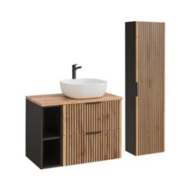 Ensemble meuble simple vasque 80cm 2 niches et colonne Gaia Bois et Noir