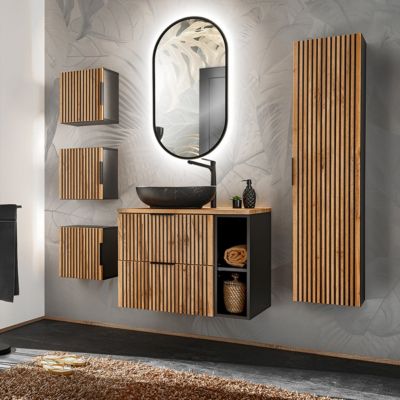 Ensemble meuble simple vasque 80cm 2 niches miroir LED colonne et 3 armoires murales Gaia Bois et Noir - Vasque Noir