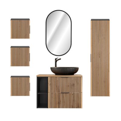 Ensemble meuble simple vasque 80cm 2 niches miroir LED colonne et 3 armoires murales Gaia Bois et Noir - Vasque Noir