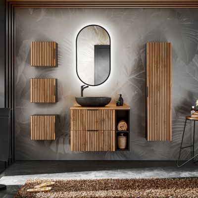 Ensemble meuble simple vasque 80cm 2 niches miroir LED colonne et 3 armoires murales Gaia Bois et Noir - Vasque Noir
