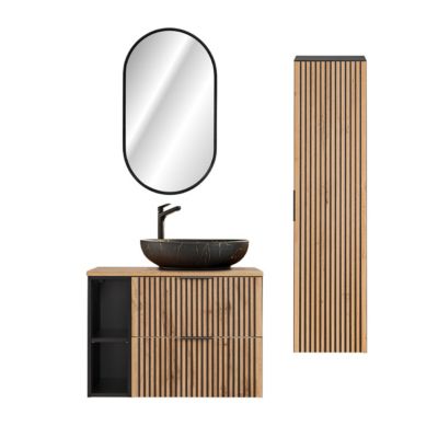 Ensemble meuble simple vasque 80cm 2 niches miroir LED et colonne Gaia Bois et Noir - Vasque Noir