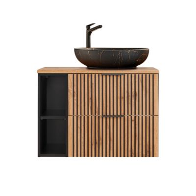 Ensemble meuble simple vasque 80cm 2 niches miroir LED et colonne Gaia Bois et Noir - Vasque Noir