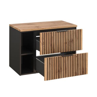 Ensemble meuble simple vasque 80cm 2 niches miroir LED et colonne Gaia Bois et Noir - Vasque Noir