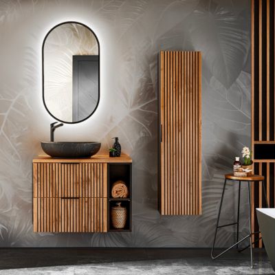 Ensemble meuble simple vasque 80cm 2 niches miroir LED et colonne Gaia Bois et Noir - Vasque Noir