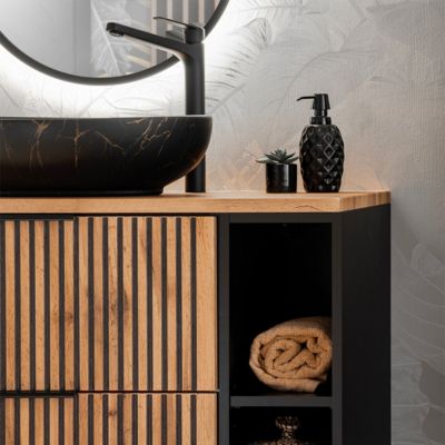 Ensemble meuble simple vasque 80cm 2 niches miroir LED et colonne Gaia Bois et Noir - Vasque Noir