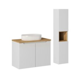 Ensemble meuble simple vasque 80cm 2 portes et colonne Riva Blanc et Bois