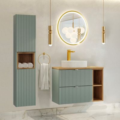 Ensemble meuble simple vasque 80cm 2 tiroirs 2 niches et colonne Jade Vert et Bois