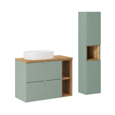Ensemble meuble simple vasque 80cm 2 tiroirs 2 niches et colonne Jade Vert et Bois