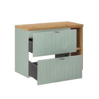 Ensemble meuble simple vasque 80cm 2 tiroirs 2 niches et colonne Jade Vert et Bois